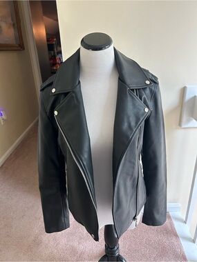 Mango Black Leather Moto Jacket with Silver Hardware